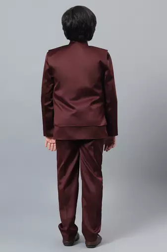 Boys maroon satin indo western sherwani & trouser set with sequined waistcoat