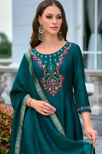 Floral embroidered silk v neck kurta trouser & dupatta set