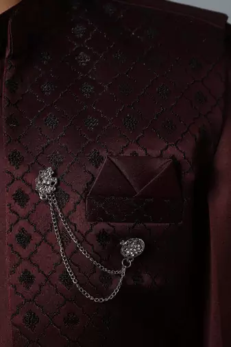 Boys maroon satin indo western sherwani & trouser set with sequined waistcoat