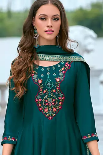 Floral embroidered silk v neck kurta trouser & dupatta set