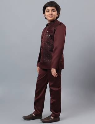 Boys maroon satin indo western sherwani & trouser set with sequined waistcoat 4