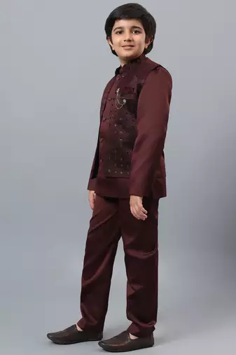 Boys maroon satin indo western sherwani & trouser set with sequined waistcoat