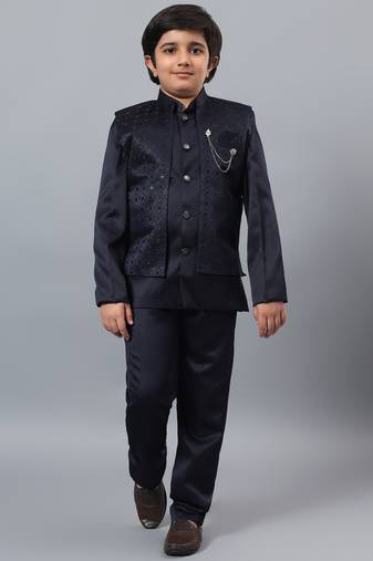 Boys navy blue satin indo western sherwani & trouser set with sequined waistcoat