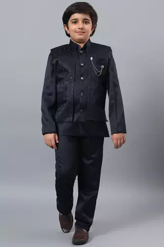 Boys navy blue satin indo western sherwani & trouser set with sequined waistcoat