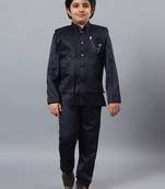 Boys navy blue satin indo western sherwani & trouser set with sequined waistcoat