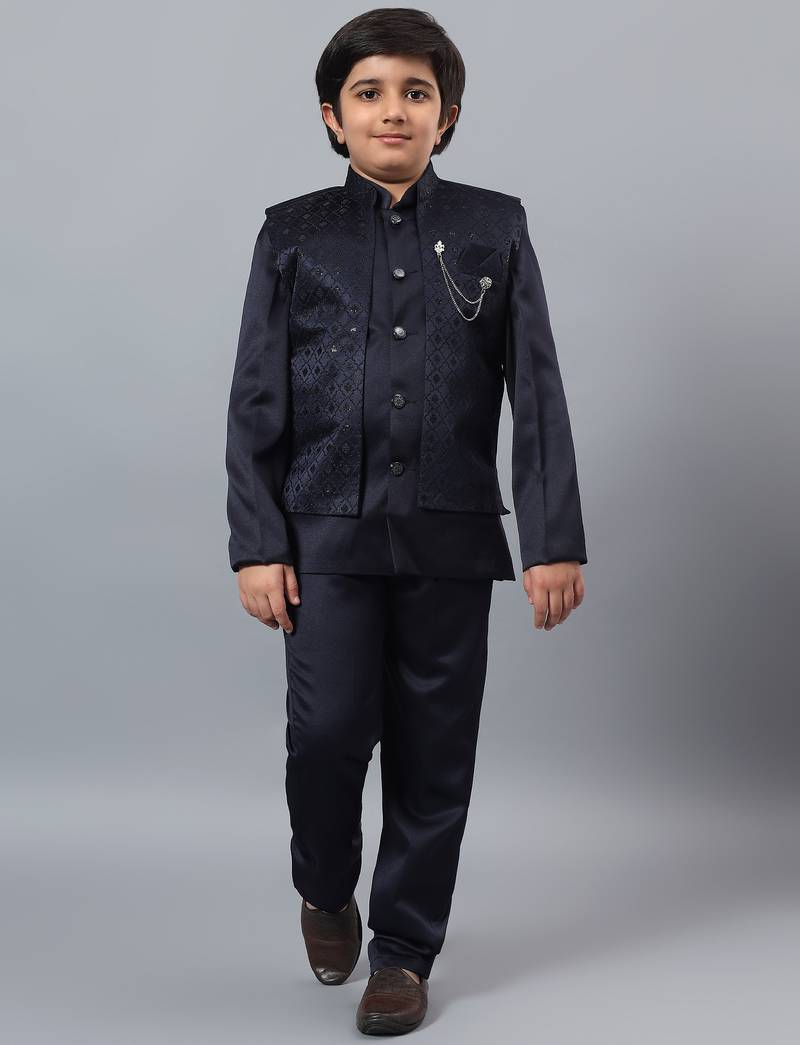 Boys navy blue satin indo western sherwani & trouser set with sequined waistcoat