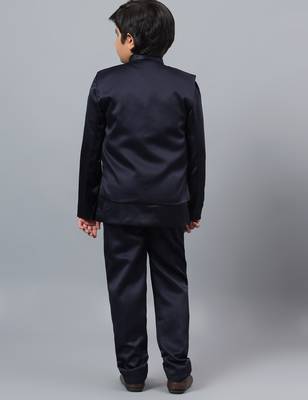 Boys navy blue satin indo western sherwani & trouser set with sequined waistcoat 2