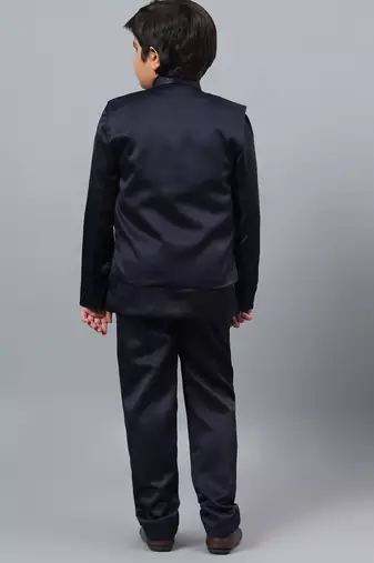 Boys navy blue satin indo western sherwani & trouser set with sequined waistcoat