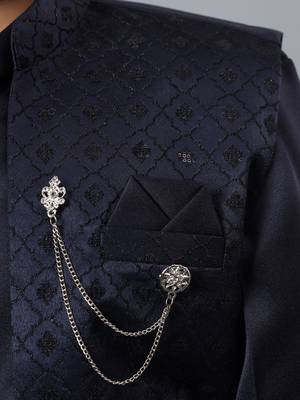 Boys navy blue satin indo western sherwani & trouser set with sequined waistcoat 3