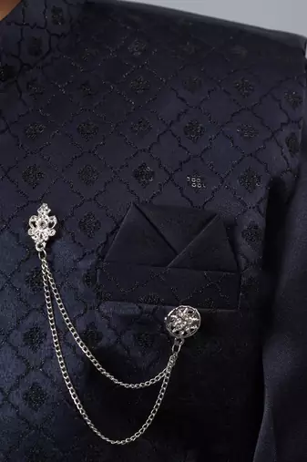 Boys navy blue satin indo western sherwani & trouser set with sequined waistcoat