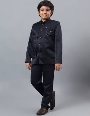 Boys navy blue satin indo western sherwani & trouser set with sequined waistcoat 4