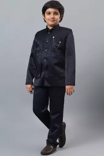 Boys navy blue satin indo western sherwani & trouser set with sequined waistcoat
