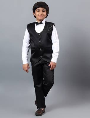 Boys black satin floral beads & sequins embellished 3 piece party suit set with bowtie 1