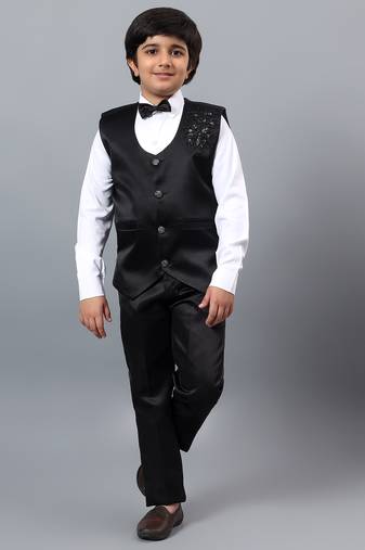 Boys black satin floral beads & sequins embellished 3 piece party suit set with bowtie