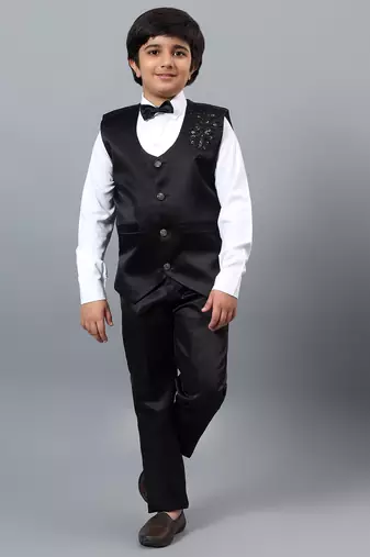 Boys black satin floral beads & sequins embellished 3 piece party suit set with bowtie