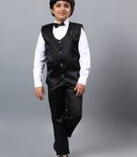 Boys black satin floral beads & sequins embellished 3 piece party suit set with bowtie