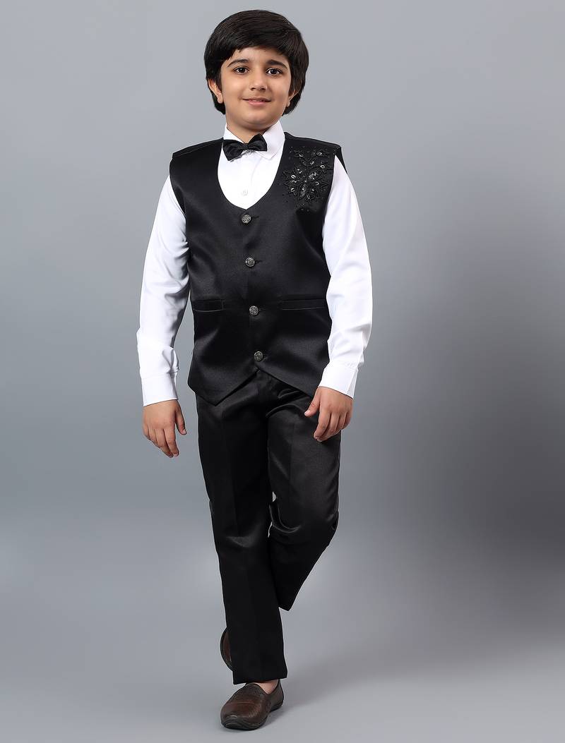 Boys black satin floral beads & sequins embellished 3 piece party suit set with bowtie