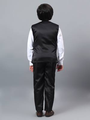 Boys black satin floral beads & sequins embellished 3 piece party suit set with bowtie 2