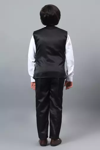 Boys black satin floral beads & sequins embellished 3 piece party suit set with bowtie
