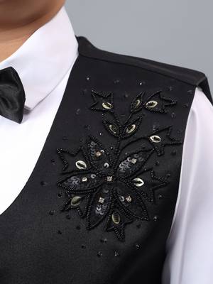 Boys black satin floral beads & sequins embellished 3 piece party suit set with bowtie 3