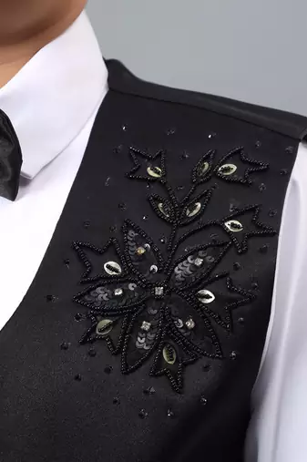 Boys black satin floral beads & sequins embellished 3 piece party suit set with bowtie