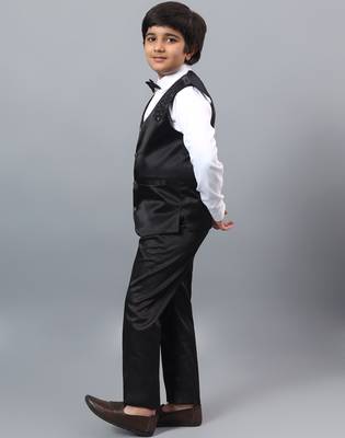 Boys black satin floral beads & sequins embellished 3 piece party suit set with bowtie 4