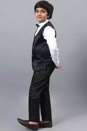 Boys black satin floral beads & sequins embellished 3 piece party suit set with bowtie