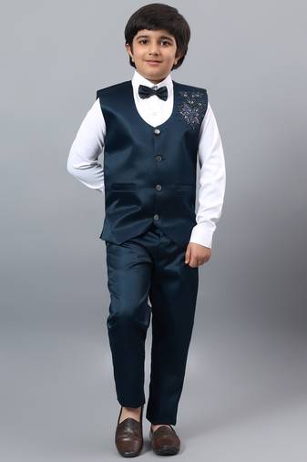 Boys dark blue satin floral beads & sequins embellished 3 piece party suit set with bowtie