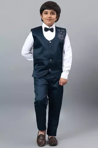 Boys dark blue satin floral beads & sequins embellished 3 piece party suit set with bowtie