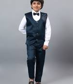 Boys dark blue satin floral beads & sequins embellished 3 piece party suit set with bowtie