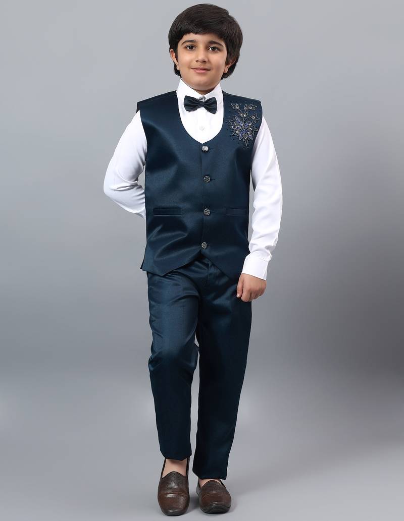 Boys dark blue satin floral beads & sequins embellished 3 piece party suit set with bowtie