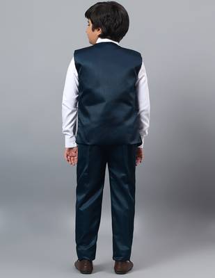 Boys dark blue satin floral beads & sequins embellished 3 piece party suit set with bowtie 2