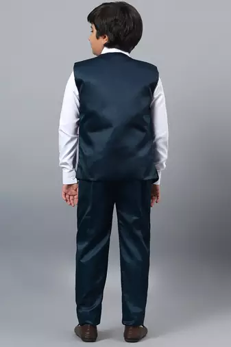 Boys dark blue satin floral beads & sequins embellished 3 piece party suit set with bowtie