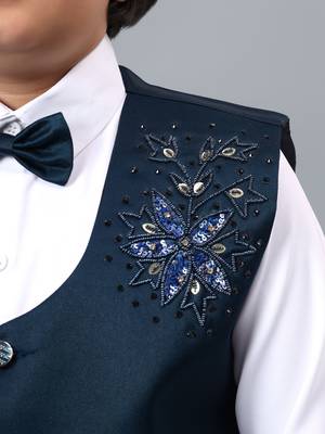 Boys dark blue satin floral beads & sequins embellished 3 piece party suit set with bowtie 3