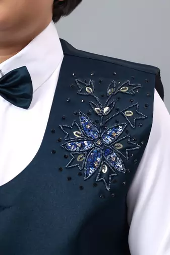 Boys dark blue satin floral beads & sequins embellished 3 piece party suit set with bowtie
