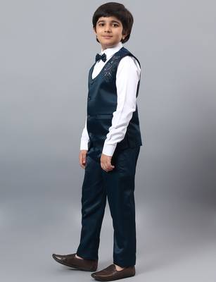 Boys dark blue satin floral beads & sequins embellished 3 piece party suit set with bowtie 4