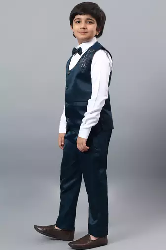 Boys dark blue satin floral beads & sequins embellished 3 piece party suit set with bowtie