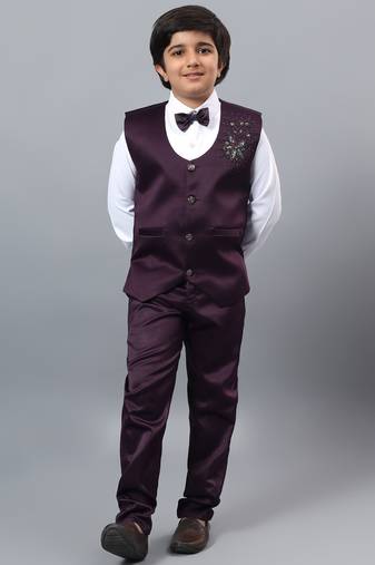 Boys wine satin floral beads & sequins embellished 3 piece party suit set with bowtie