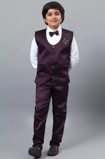 Boys wine satin floral beads & sequins embellished 3 piece party suit set with bowtie