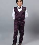 Boys wine satin floral beads & sequins embellished 3 piece party suit set with bowtie