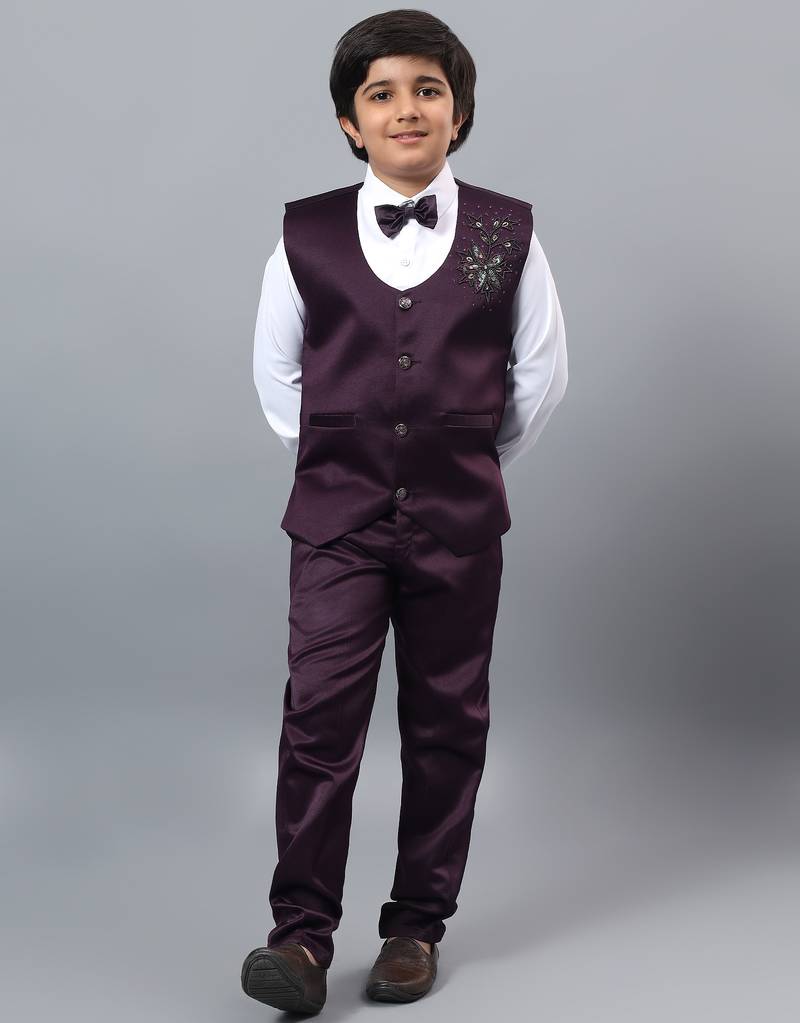 Boys wine satin floral beads & sequins embellished 3 piece party suit set with bowtie