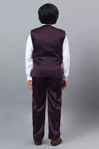 Boys wine satin floral beads & sequins embellished 3 piece party suit set with bowtie