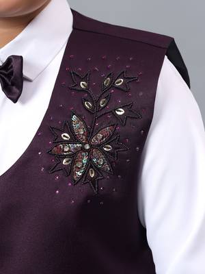 Boys wine satin floral beads & sequins embellished 3 piece party suit set with bowtie 3