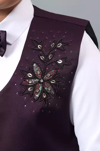 Boys wine satin floral beads & sequins embellished 3 piece party suit set with bowtie