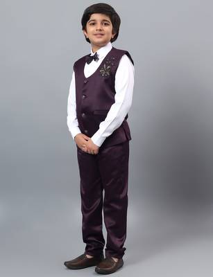 Boys wine satin floral beads & sequins embellished 3 piece party suit set with bowtie 4