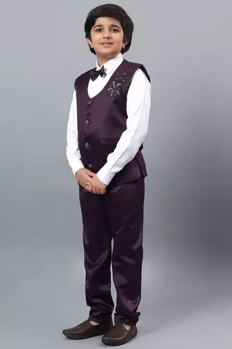 Boys wine satin floral beads & sequins embellished 3 piece party suit set with bowtie