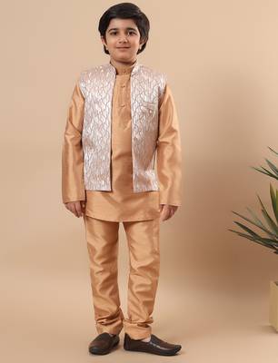 Boys golden cotton silk kurta pyjama set with geometric jacquard jacket 1