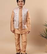 Boys golden cotton silk kurta pyjama set with geometric jacquard jacket