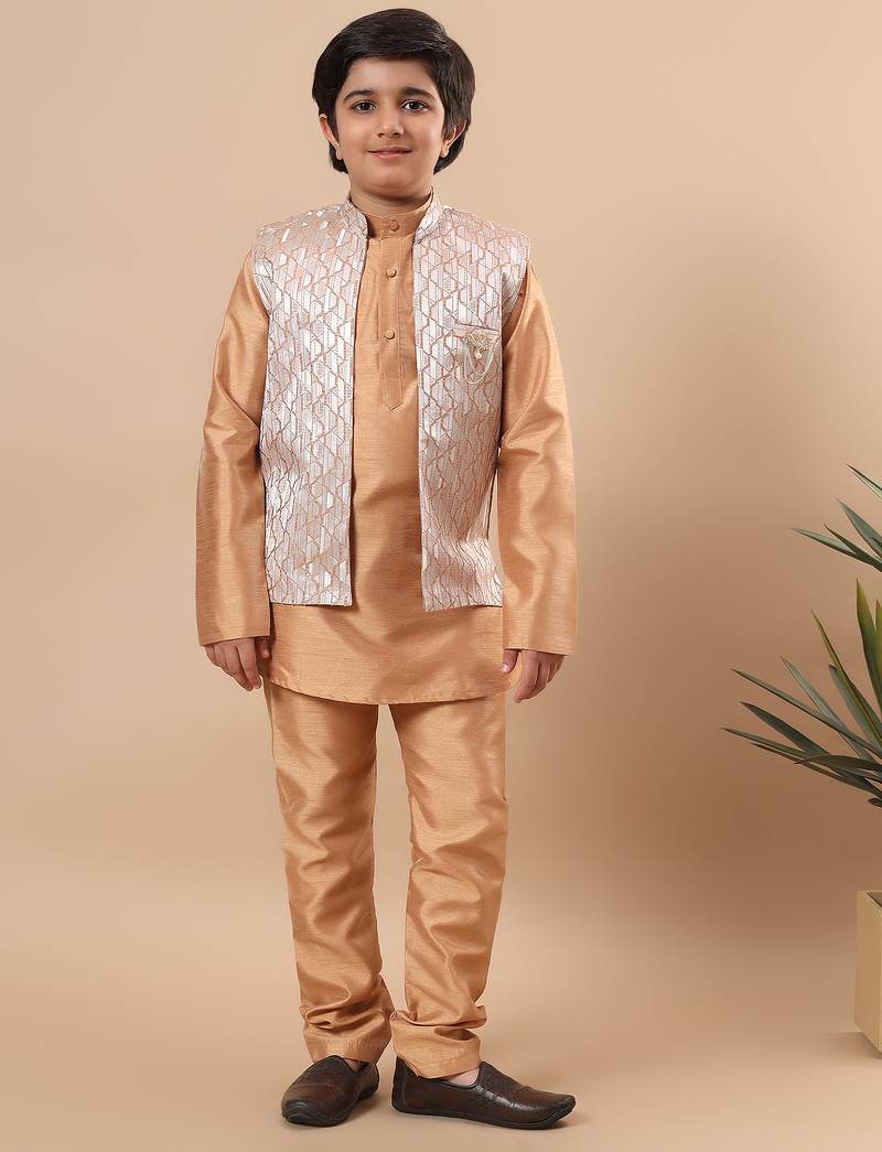 Boys golden cotton silk kurta pyjama set with geometric jacquard jacket