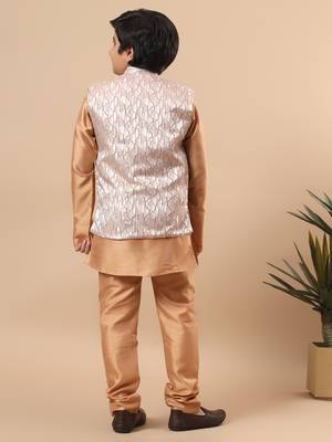 Boys golden cotton silk kurta pyjama set with geometric jacquard jacket 2